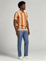 Men's Bold Vertical Stripe Half Zip Short Sleeve Knit Polo Retro Summer Casual Top