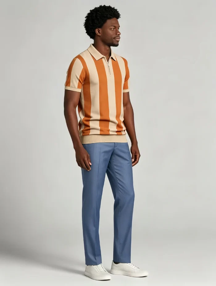 Men's Bold Vertical Stripe Half Zip Short Sleeve Knit Polo Retro Summer Casual Top - Image 3