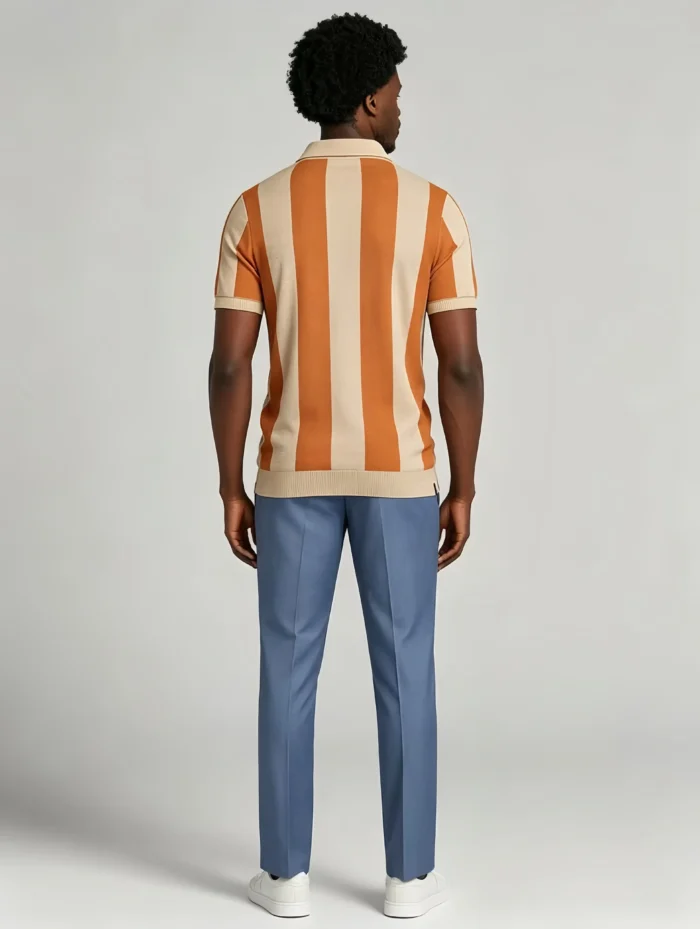 Men's Bold Vertical Stripe Half Zip Short Sleeve Knit Polo Retro Summer Casual Top - Image 2