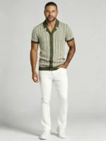 Men's Vertical Stripe Camp Collar Full Button Hollow Knit Short Sleeve Polo Summer Resort Top - Image 5