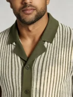 Men's Vertical Stripe Camp Collar Full Button Hollow Knit Short Sleeve Polo Summer Resort Top - Image 4