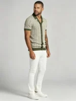 Men's Vertical Stripe Camp Collar Full Button Hollow Knit Short Sleeve Polo Summer Resort Top - Image 3