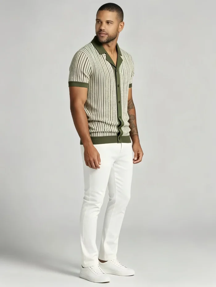 Men's Vertical Stripe Camp Collar Full Button Hollow Knit Short Sleeve Polo Summer Resort Top - Image 3