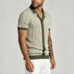 Men's Vertical Stripe Camp Collar Full Button Hollow Knit Short Sleeve Polo Summer Resort Top