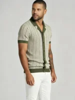 Men's Vertical Stripe Camp Collar Full Button Hollow Knit Short Sleeve Polo Summer Resort Top