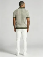 Men's Vertical Stripe Camp Collar Full Button Hollow Knit Short Sleeve Polo Summer Resort Top - Image 2