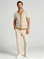 Men's Vertical Stripe Camp Collar Full Button Hollow Knit Short Sleeve Polo Summer Resort Top - Image 9