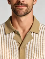 Men's Vertical Stripe Camp Collar Full Button Hollow Knit Short Sleeve Polo Summer Resort Top - Image 8