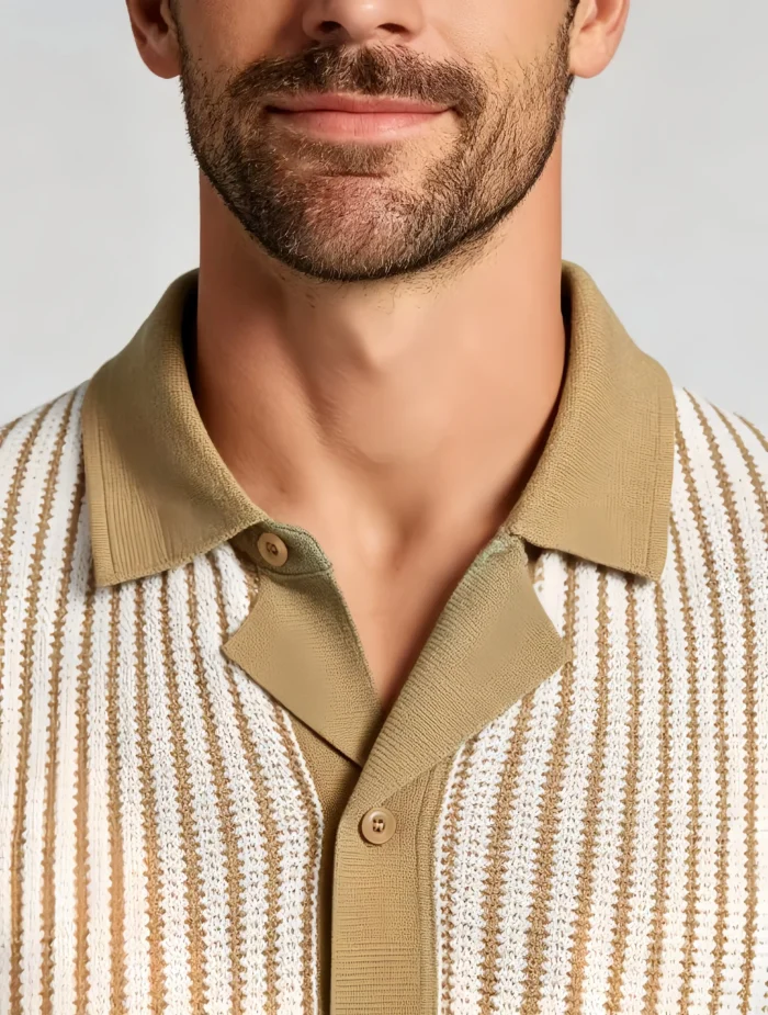 Men's Vertical Stripe Camp Collar Full Button Hollow Knit Short Sleeve Polo Summer Resort Top - Image 8