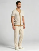 Men's Vertical Stripe Camp Collar Full Button Hollow Knit Short Sleeve Polo Summer Resort Top - Image 7