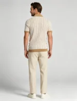 Men's Vertical Stripe Camp Collar Full Button Hollow Knit Short Sleeve Polo Summer Resort Top - Image 6