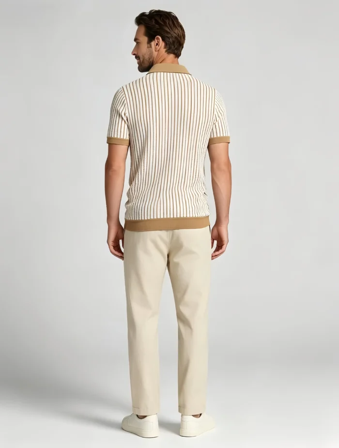 Men's Vertical Stripe Camp Collar Full Button Hollow Knit Short Sleeve Polo Summer Resort Top - Image 6