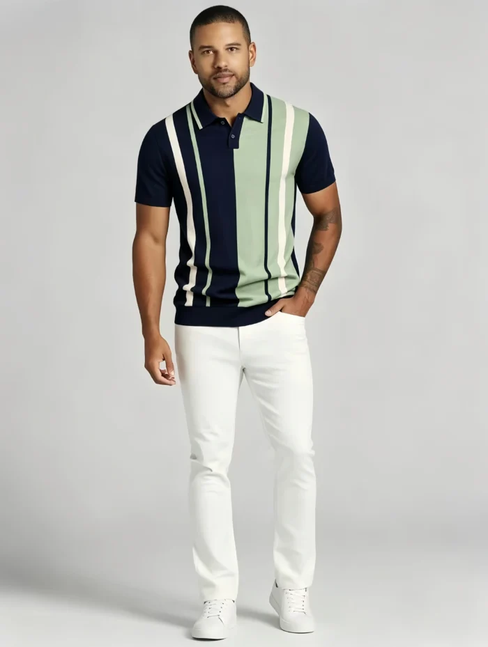 Men's Color Block Vertical Stripe Two Button Short Sleeve Knit Polo Summer Retro Casual Top - Image 13