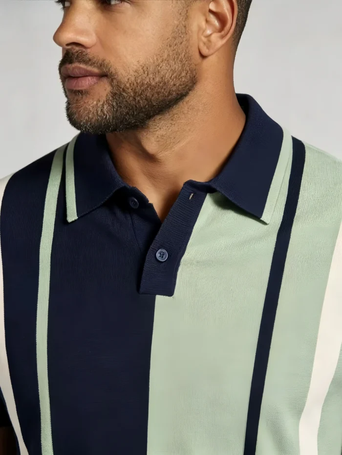 Men's Color Block Vertical Stripe Two Button Short Sleeve Knit Polo Summer Retro Casual Top - Image 12