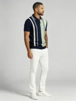 Men's Color Block Vertical Stripe Two Button Short Sleeve Knit Polo Summer Retro Casual Top - Image 11