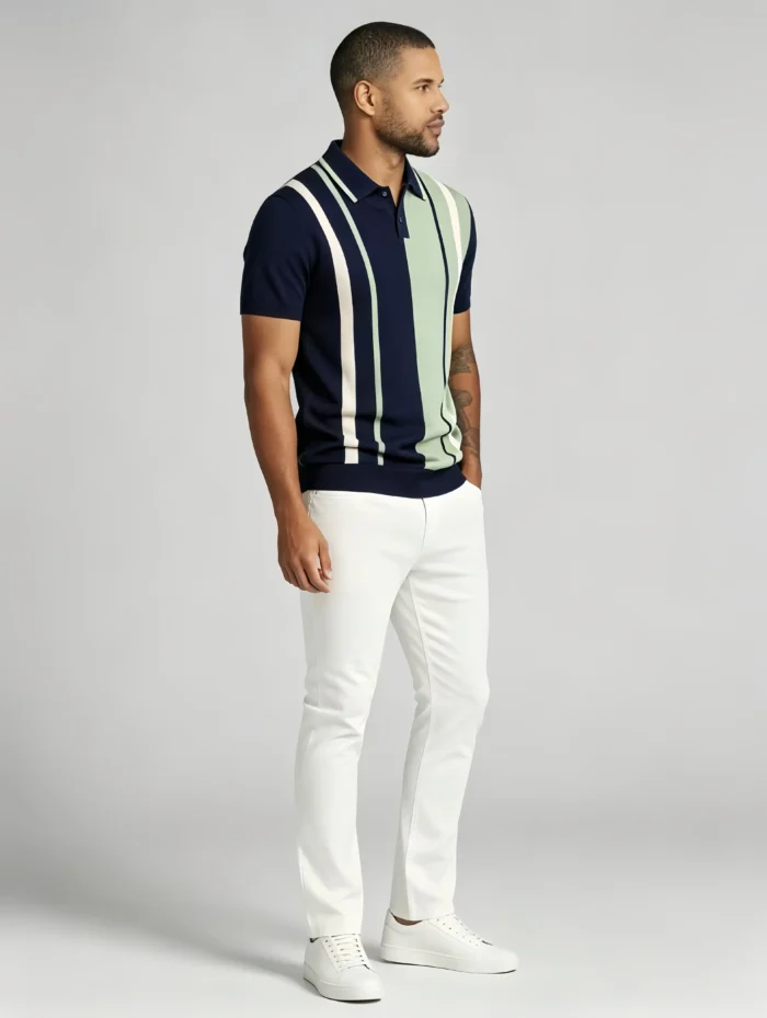 Men's Color Block Vertical Stripe Two Button Short Sleeve Knit Polo Summer Retro Casual Top - Image 11