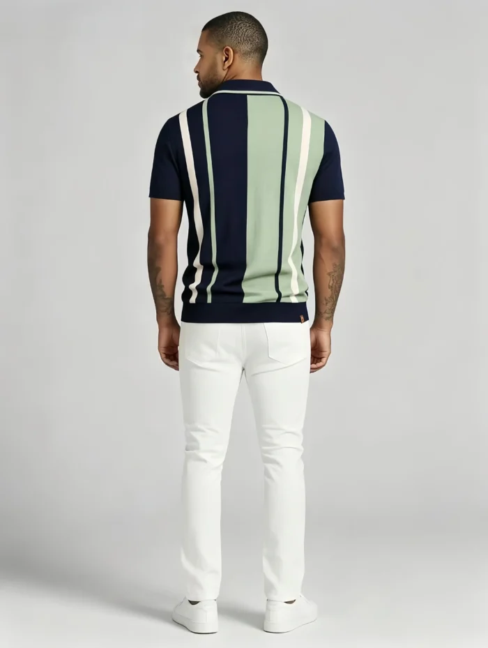 Men's Color Block Vertical Stripe Two Button Short Sleeve Knit Polo Summer Retro Casual Top - Image 10