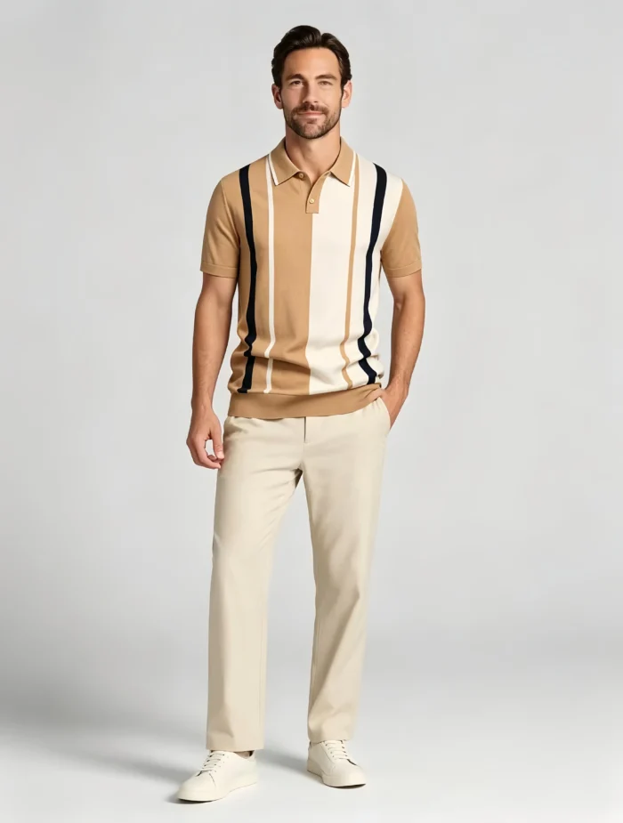 Men's Color Block Vertical Stripe Two Button Short Sleeve Knit Polo Summer Retro Casual Top - Image 9