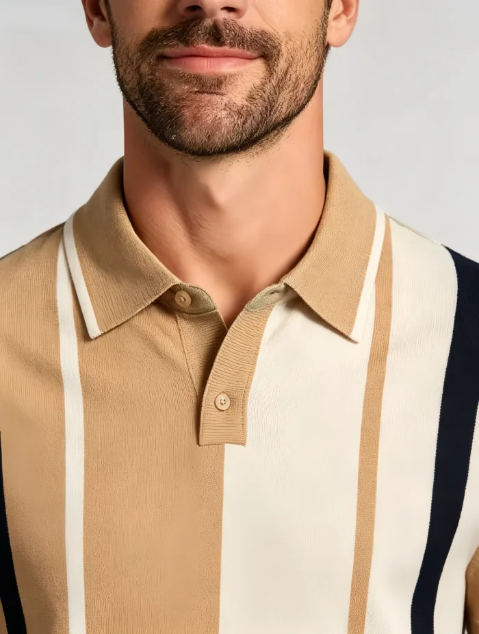 Men's Color Block Vertical Stripe Two Button Short Sleeve Knit Polo Summer Retro Casual Top - Image 8