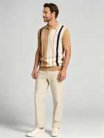 Men's Color Block Vertical Stripe Two Button Short Sleeve Knit Polo Summer Retro Casual Top - Image 7