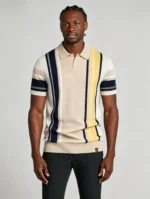Men's Color Block Vertical Stripe Two Button Short Sleeve Knit Polo Summer Retro Casual Top - Image 5