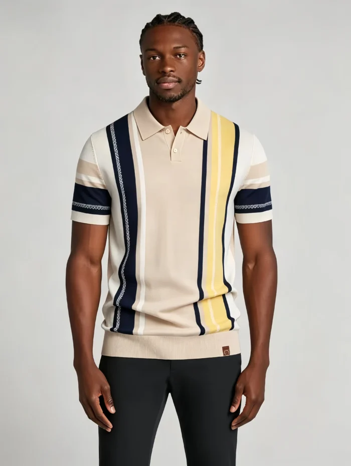 Men's Color Block Vertical Stripe Two Button Short Sleeve Knit Polo Summer Retro Casual Top - Image 5