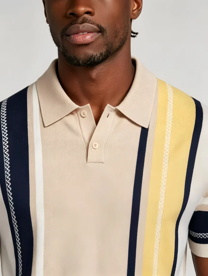 Men's Color Block Vertical Stripe Two Button Short Sleeve Knit Polo Summer Retro Casual Top - Image 4