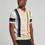Men's Color Block Vertical Stripe Two Button Short Sleeve Knit Polo Summer Retro Casual Top
