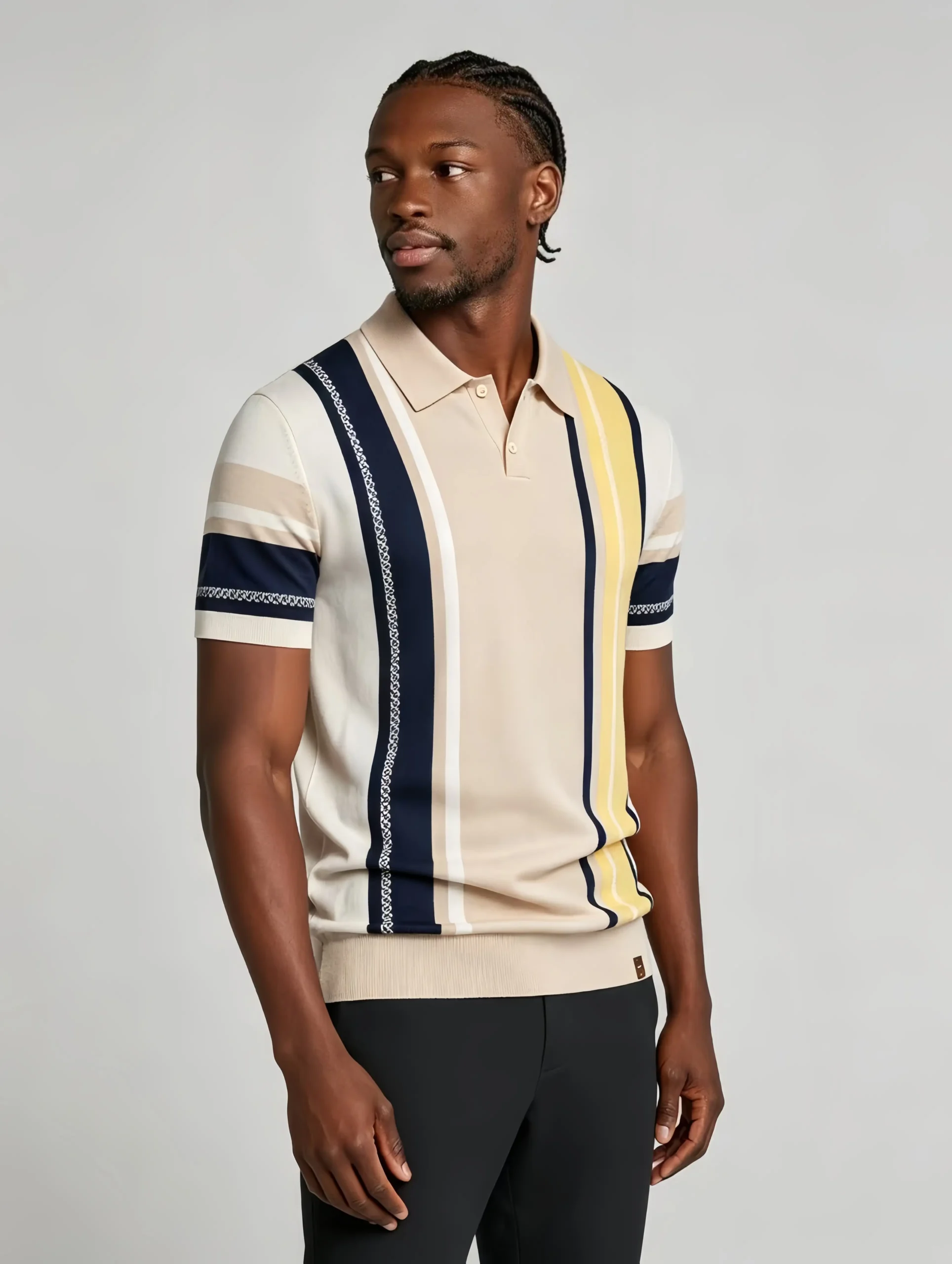 微信图片_20260609121130_407_4 Men's Color Block Vertical Stripe Two Button Short Sleeve Knit Polo Summer Retro Casual Top - Image 1