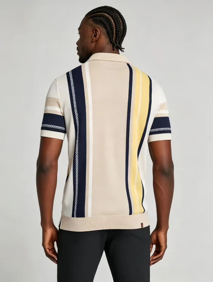 Men's Color Block Vertical Stripe Two Button Short Sleeve Knit Polo Summer Retro Casual Top - Image 2
