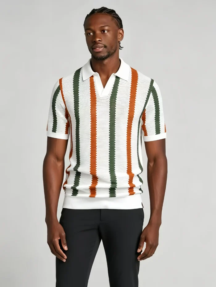 Men's Striped Mesh Notch Knit Polo - Image 2
