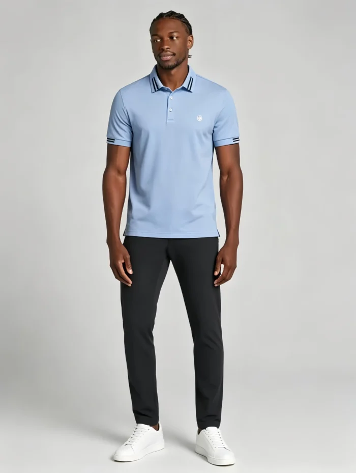 Men's Stretch Sweat Wicking Triple Stripe Trim Embroidered Polo Multi Occasion Travel Summer Top - Image 2