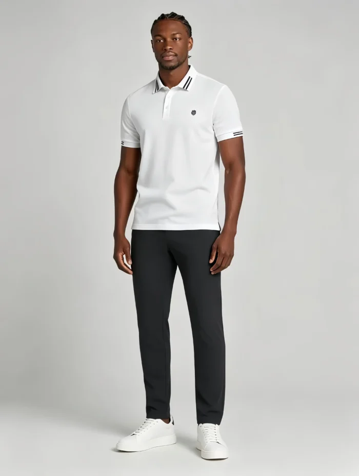 Men's Stretch Sweat Wicking Triple Stripe Trim Embroidered Polo Multi Occasion Travel Summer Top - Image 18