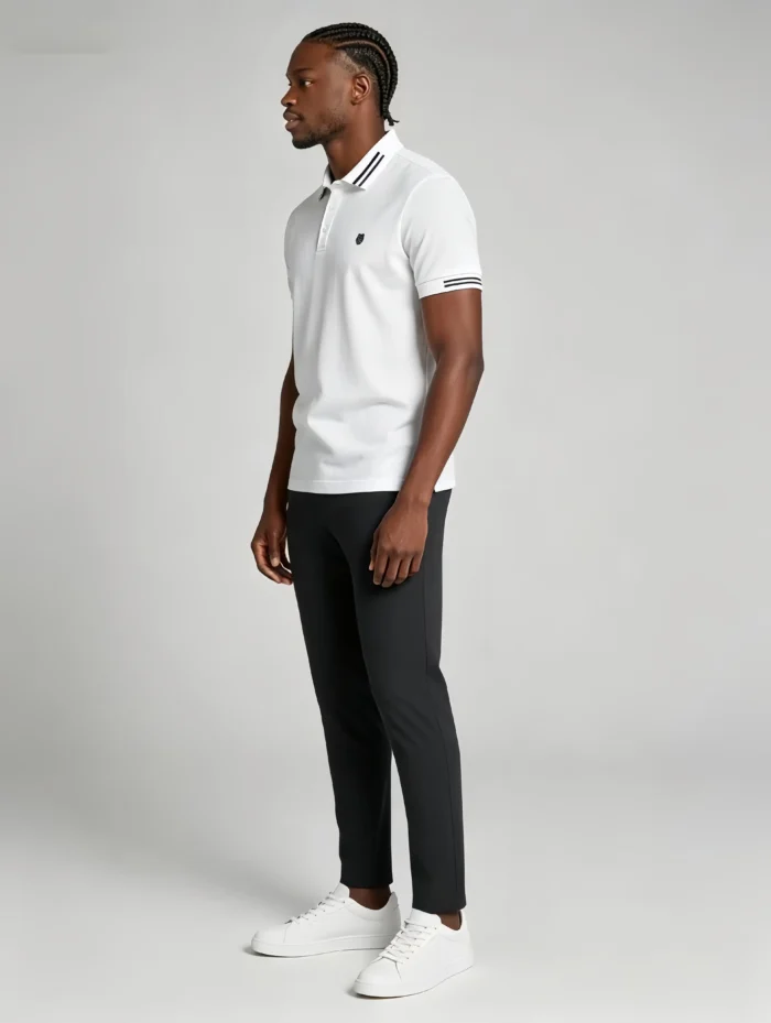 Men's Stretch Sweat Wicking Triple Stripe Trim Embroidered Polo Multi Occasion Travel Summer Top - Image 16