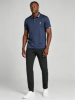 Men's Stretch Sweat Wicking Triple Stripe Trim Embroidered Polo Multi Occasion Travel Summer Top - Image 14