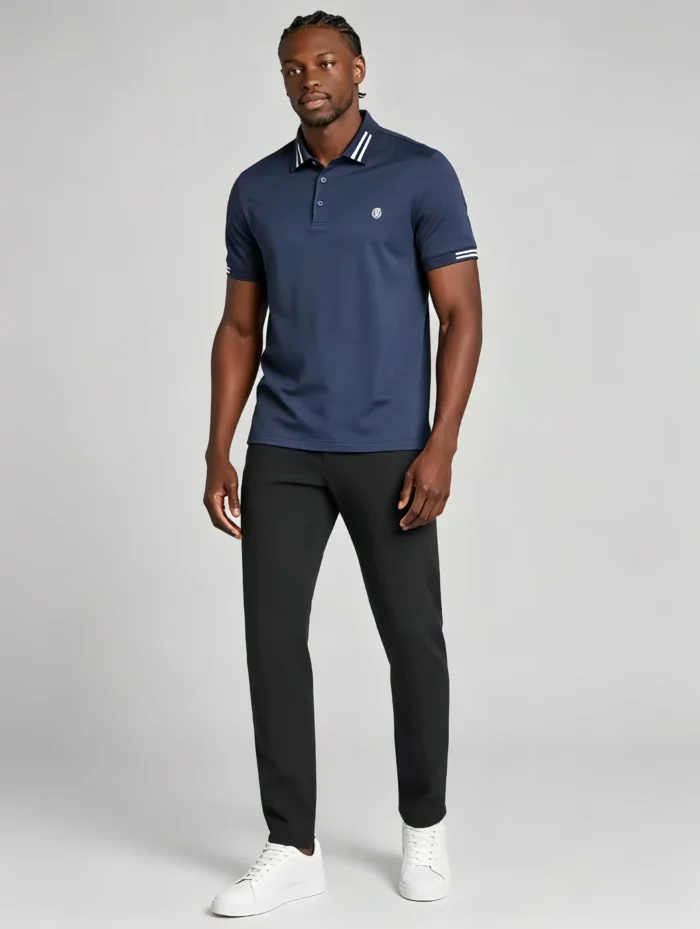 Men's Stretch Sweat Wicking Triple Stripe Trim Embroidered Polo Multi Occasion Travel Summer Top - Image 14