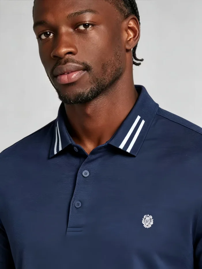 Men's Stretch Sweat Wicking Triple Stripe Trim Embroidered Polo Multi Occasion Travel Summer Top - Image 13