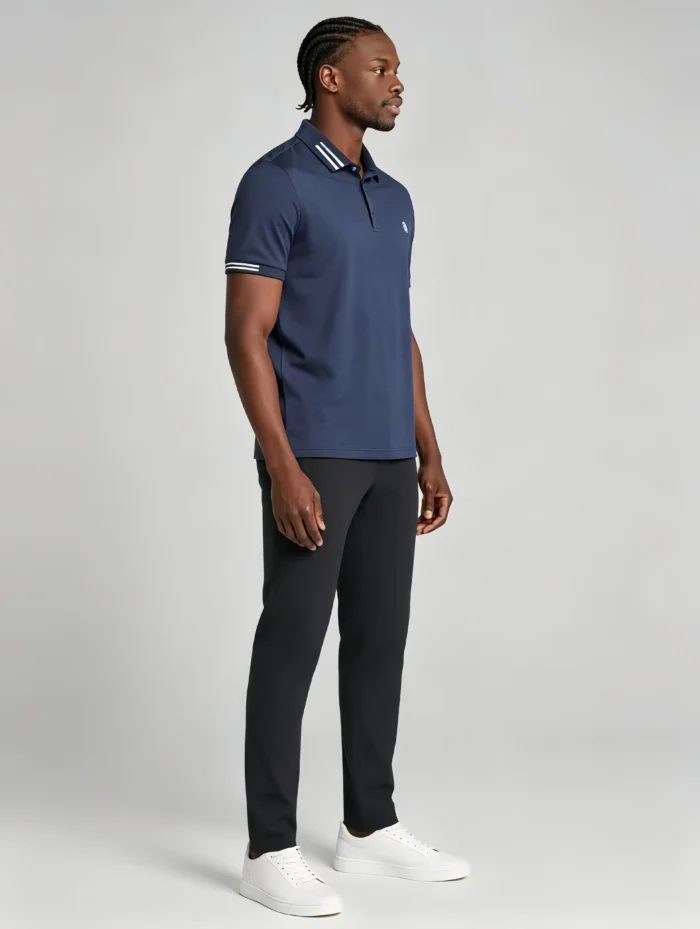 Men's Stretch Sweat Wicking Triple Stripe Trim Embroidered Polo Multi Occasion Travel Summer Top - Image 12