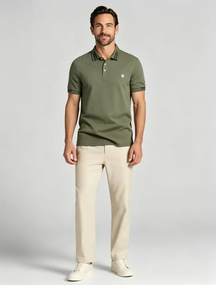 Men's Stretch Sweat Wicking Triple Stripe Trim Embroidered Polo Multi Occasion Travel Summer Top - Image 10