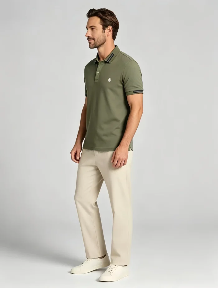 Men's Stretch Sweat Wicking Triple Stripe Trim Embroidered Polo Multi Occasion Travel Summer Top - Image 8