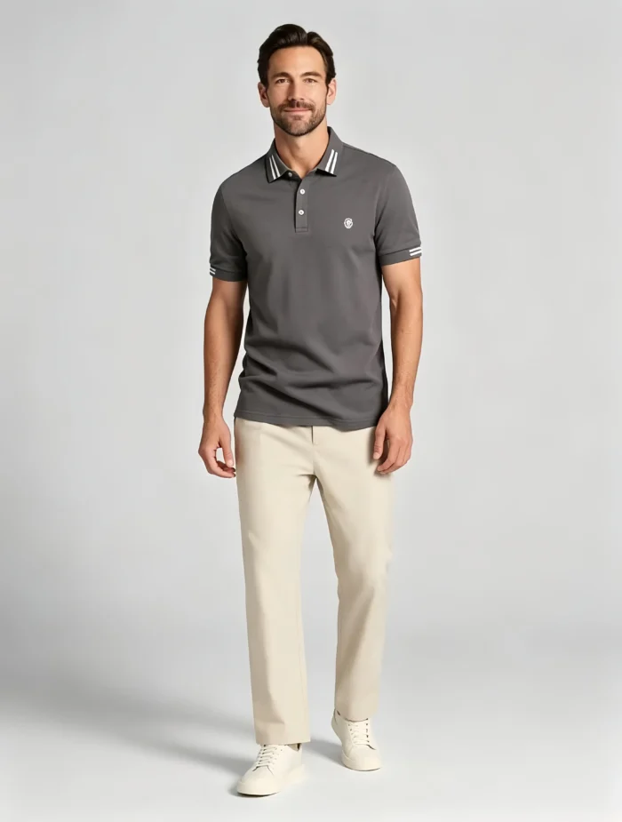 Men's Stretch Sweat Wicking Triple Stripe Trim Embroidered Polo Multi Occasion Travel Summer Top - Image 6