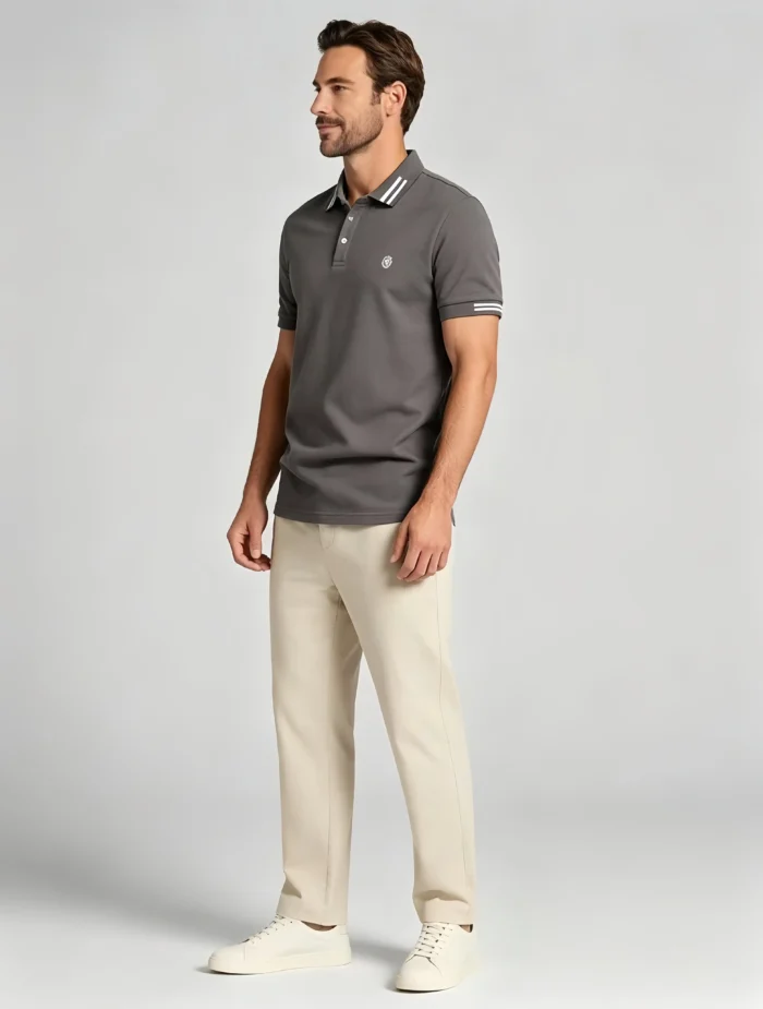 Men's Stretch Sweat Wicking Triple Stripe Trim Embroidered Polo Multi Occasion Travel Summer Top - Image 4