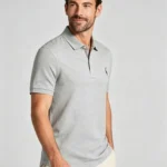 Men's Striped Inner Collar Two Button Pique Polo With Giraffe Embroidery Summer Business Casual Top