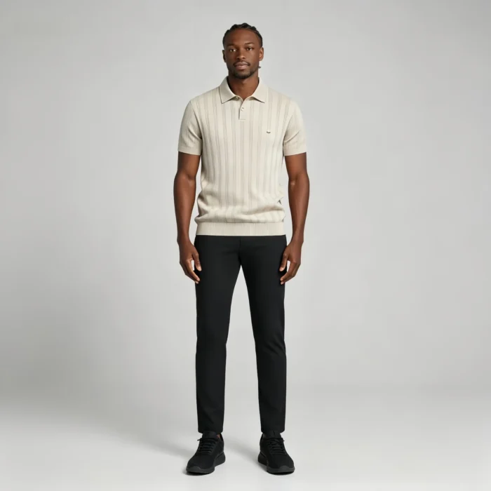 Men's Vertical Hollow Rib Two Button Short Sleeve Knit Polo Summer Business Casual Top - Image 2
