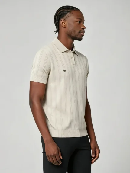 Men's Vertical Hollow Rib Two Button Short Sleeve Knit Polo Summer Business Casual Top