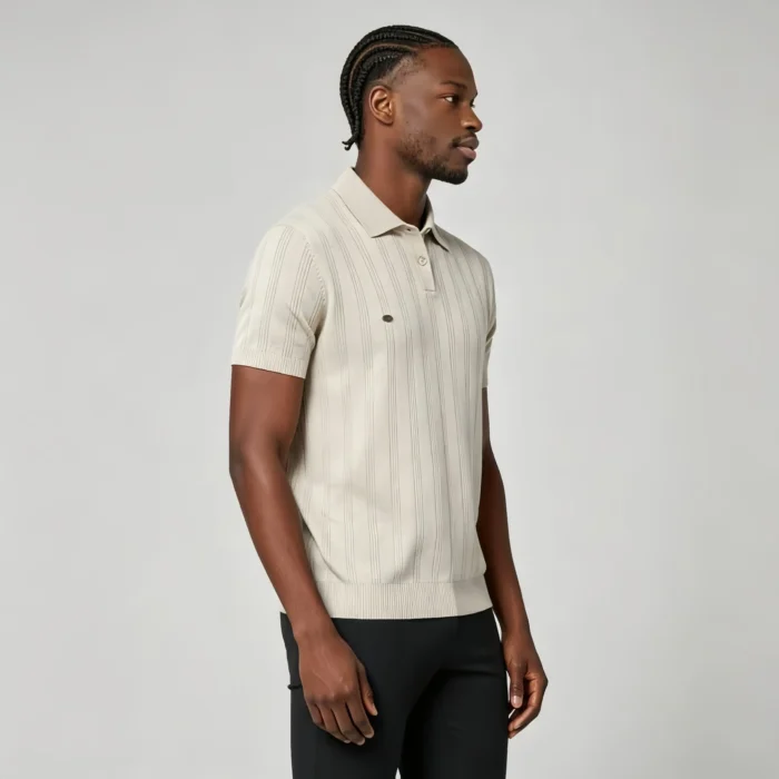 Men's Vertical Hollow Rib Two Button Short Sleeve Knit Polo Summer Business Casual Top - Image 4
