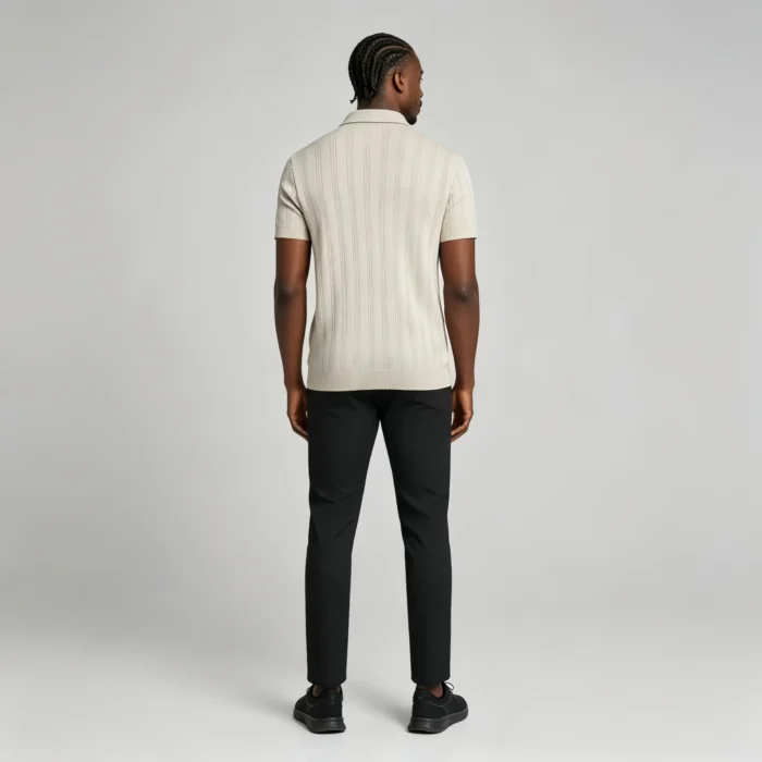 Men's Vertical Hollow Rib Two Button Short Sleeve Knit Polo Summer Business Casual Top - Image 5