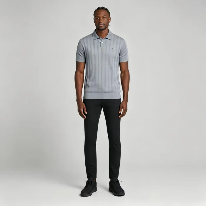 Men's Vertical Hollow Rib Two Button Short Sleeve Knit Polo Summer Business Casual Top - Image 29