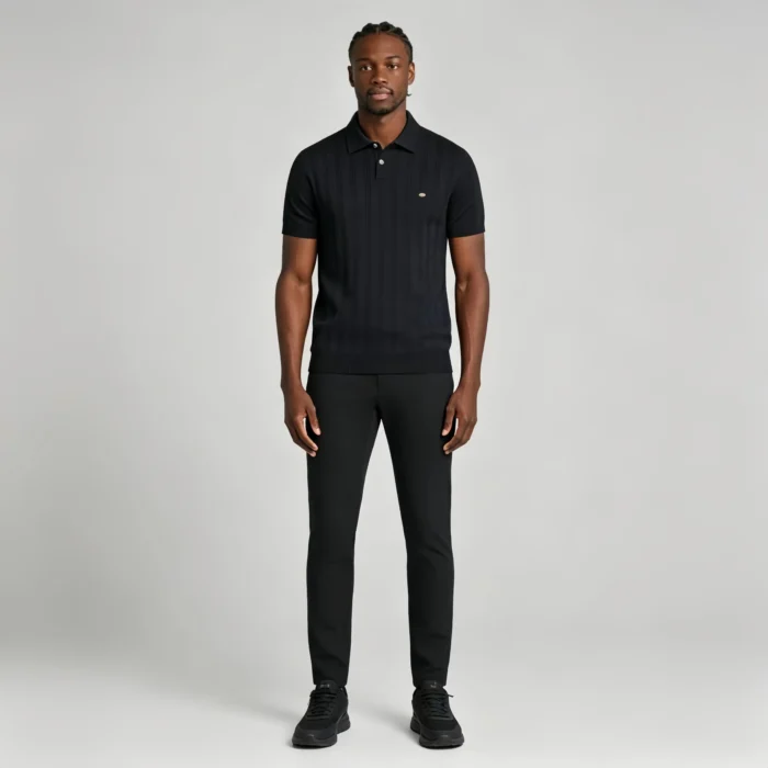 Men's Vertical Hollow Rib Two Button Short Sleeve Knit Polo Summer Business Casual Top - Image 25