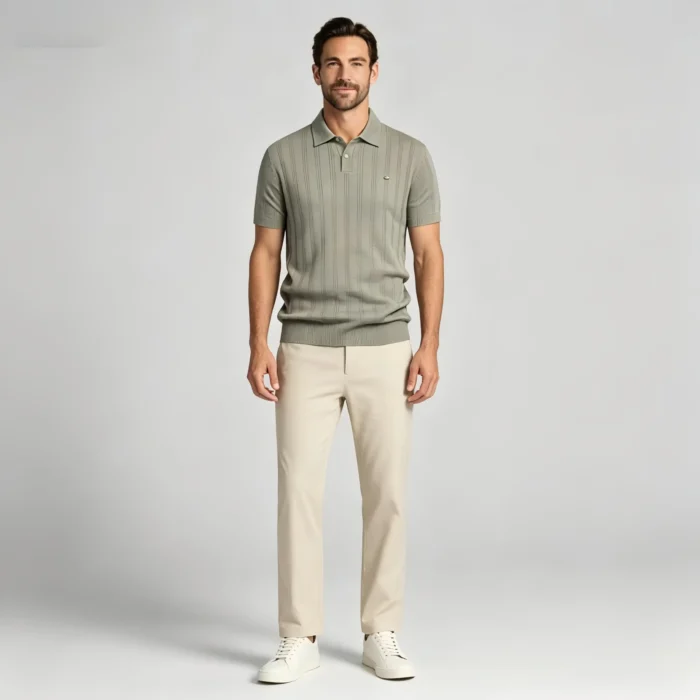 Men's Vertical Hollow Rib Two Button Short Sleeve Knit Polo Summer Business Casual Top - Image 21